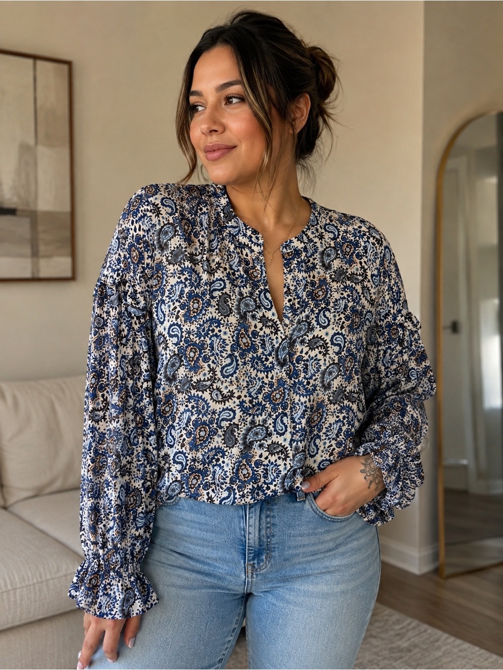 NWT Part Two Printed Paisley Button-Front Blouse in Blue & White